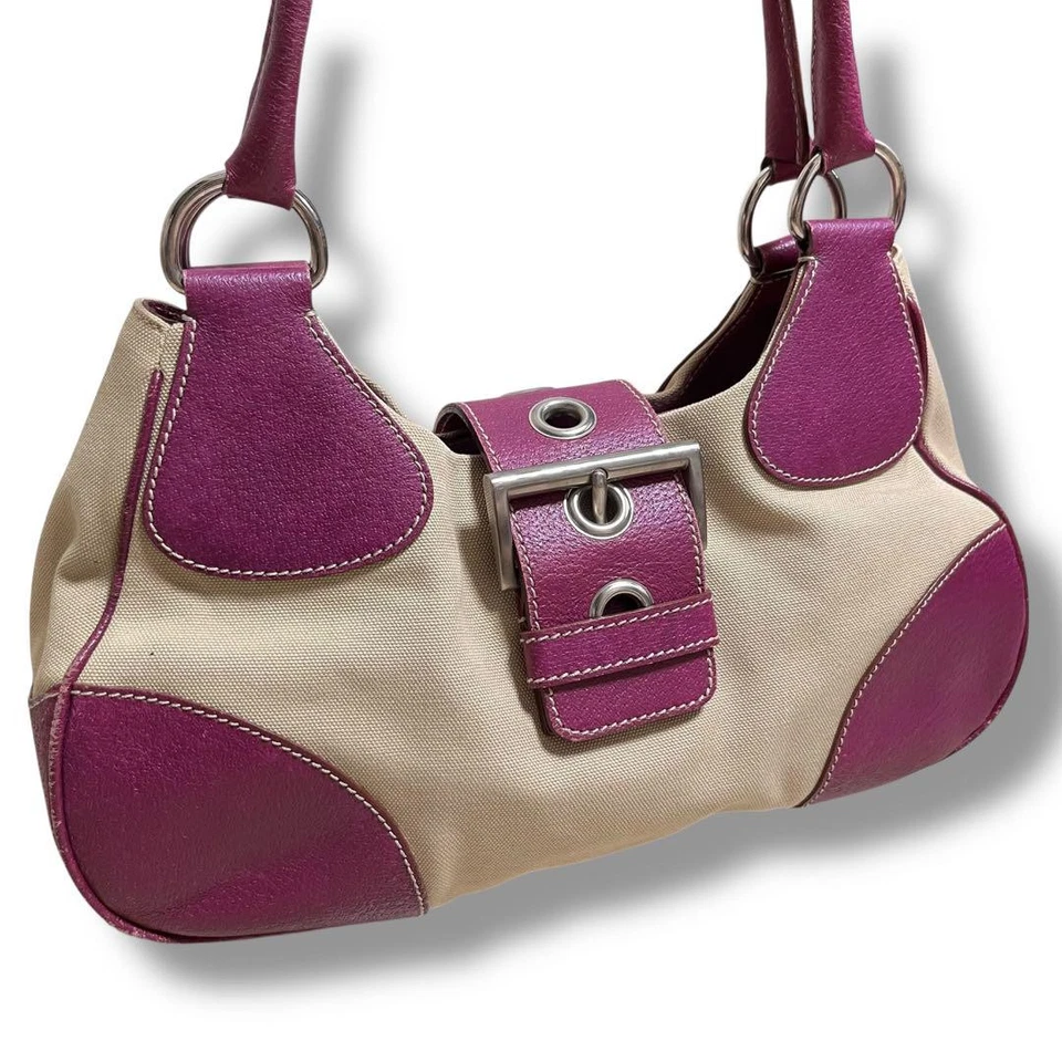 Auténtico bolso de mano de cuero de lona PRADA beige púrpura para mujer Italia 123707 Foto 3 de 4