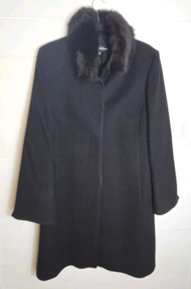 Chaqueta Larga Company Ellen Tracy Lana Cachemira Piel Real Azul Cuello Zorro Talla 12 Foto 3 de 4