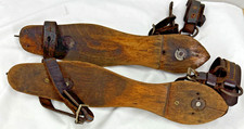 Antique Wooden / Steel 12" Ice Skates w Original Leather Straps Wall Hangers