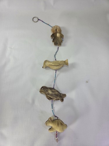 Vintage Alaskan Native Fur Wall Hanging Mobile Eskimo Figure Seal Bird Bear Bead