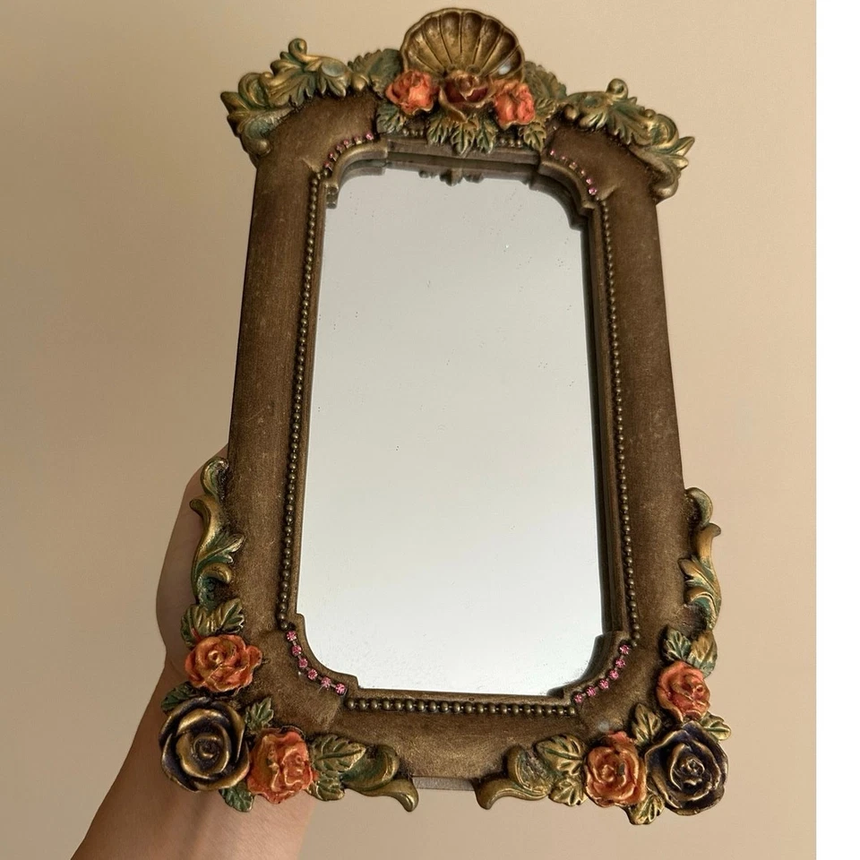 Vintage Mirror Michal Negrin ? Flowers Unique sea shell crystal desk top Vanity - Image 2 of 4