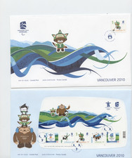 2 VANCOUVER OLYMPICS FIRST DAY COVERS - MASCOTS PLUS 2 SOUVENIR SHEETS
