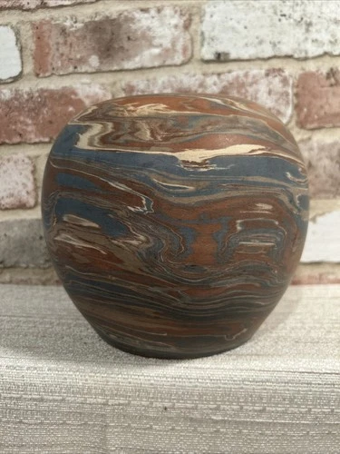 Niloak Mission Swirl Art Pottery 7”Ball Vase~Blues~Creams~Nice!