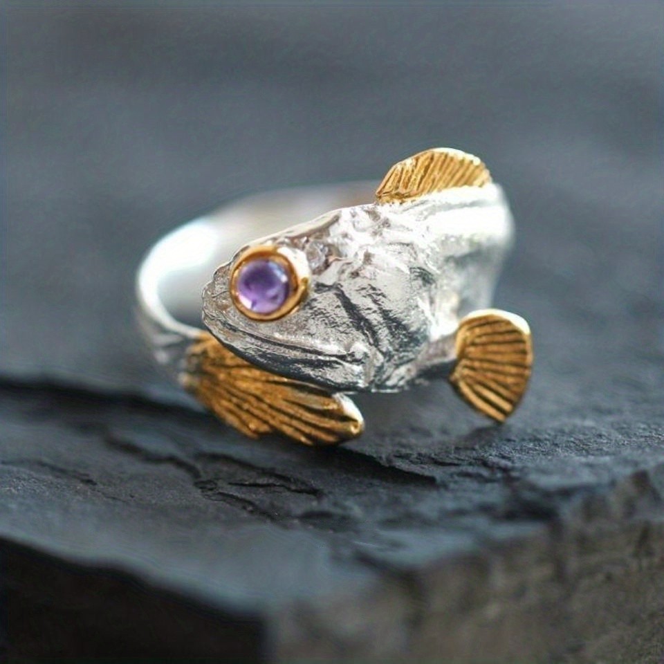 Fisch Ring Silber/Gold mit lila Stein – offener verstellbarer Statement Ring
