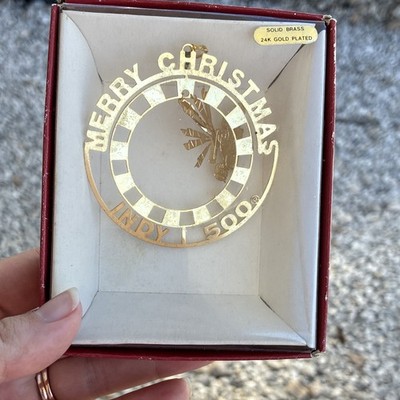 Indy 500 Christmas Ornament Solid Brass 24K Gold Plated Round Hanging