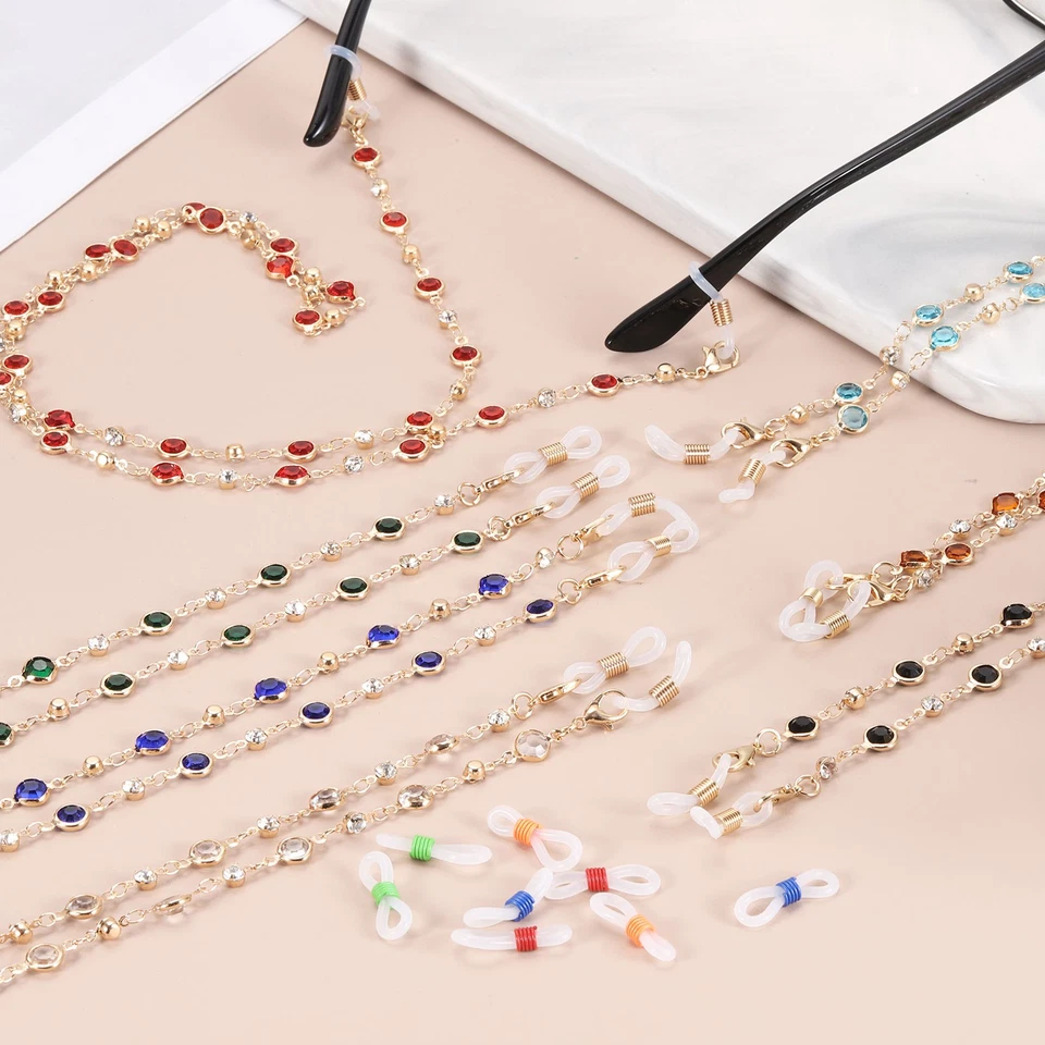 Cadena para gafas, 75 cm pedrería correa para gafas con 6 extremos para mujer, verde Foto 4 de 4