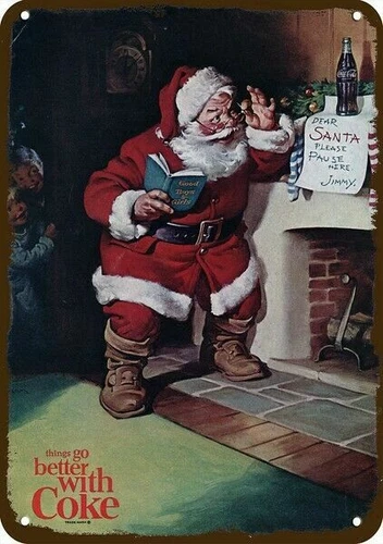 1963 SANTA CLAUS & COCA-COLA CHRISTMAS Vntg-Look DECORATIVE REPLICA METAL SIGN
