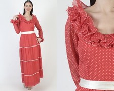 Vintage Red Swiss Dot Prairie Dress Long Tiered Western Ruffle Cottage Boho Gown