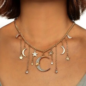 Authentic Bohemian Crystal Star Moon Gold Plated Pendant Necklace Women Party Jewelry