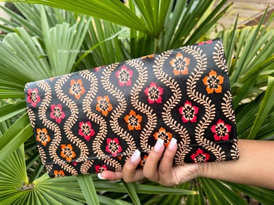 Hand Painted Pure Leather Shantiniketan Womens Purse Handbag Floral Batik India