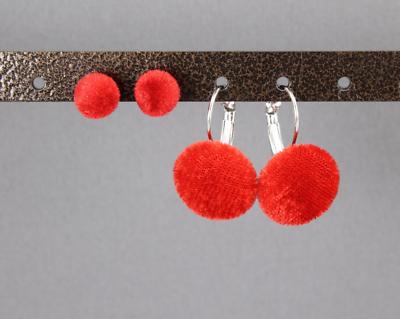 Red Pom Pom earrings velvet velour button dangle earrings pompoms pair  set