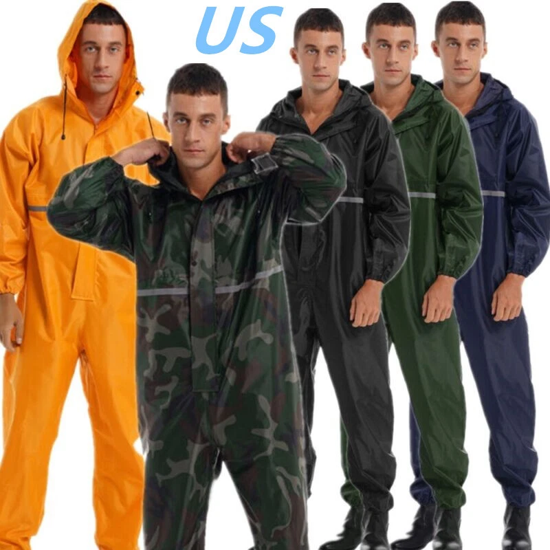 Unisex Mens One Piece Waterproof Coveralls Hooded Raincoat Reflective  Jumpsuit