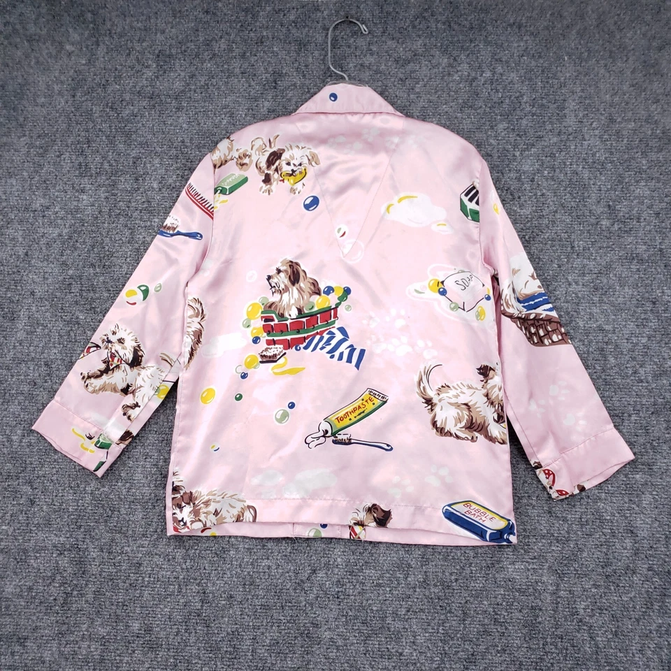 Nick Nora Pajama Top Girls XS 5 Pink Satin Button Up Graphic Dogs Long Sleeve - Image 2 of 4