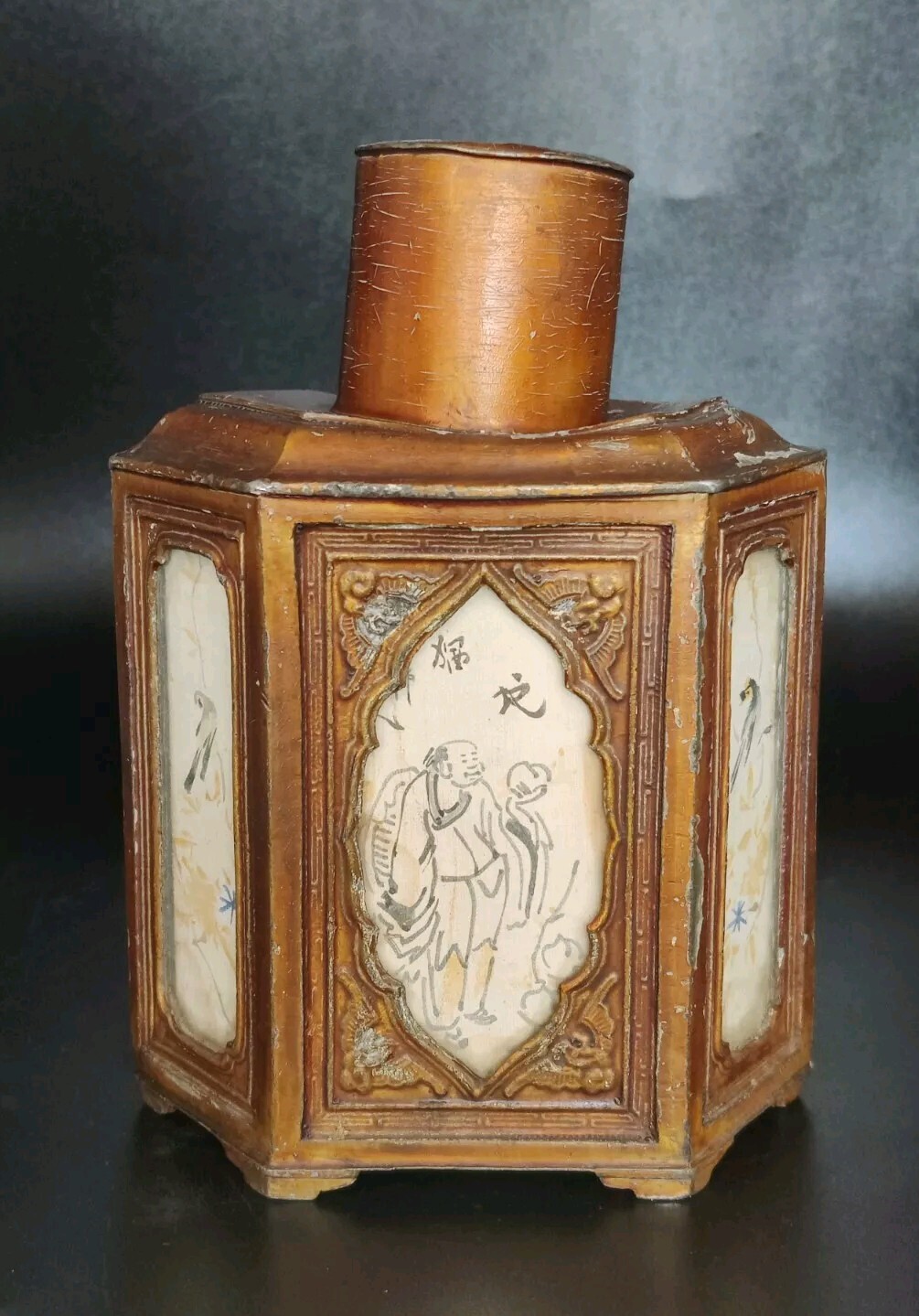 Antique Tea Caddy 6 Glass Panels Art Bronzed Pewter? Stamped Signed **Flaws