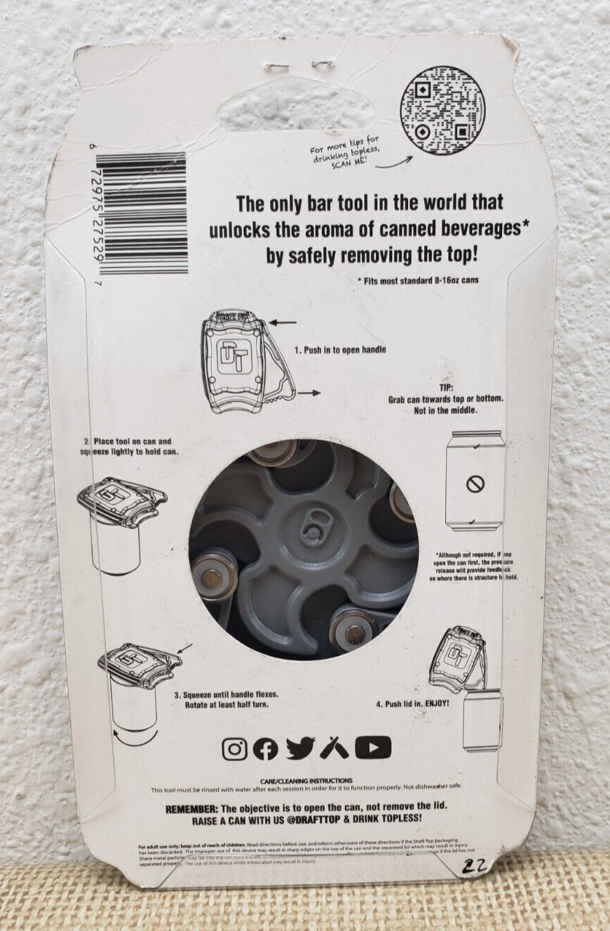 DT Draft Top Beer Can Opener or Soda Opener 8oz 12oz or 16oz, New