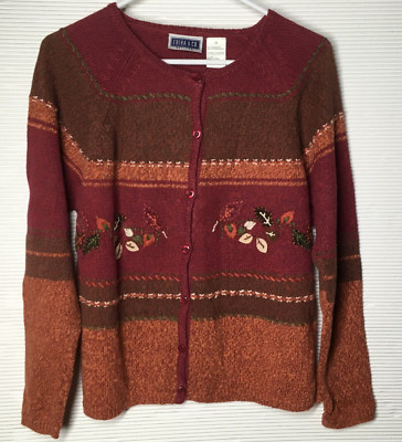VTG Erika & Co Fall Cardigan Sweater w/Embroidered Leaves ~Size PM ~ Cottagecore