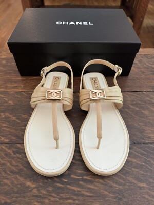 Chanel 2023 Beige Lambskin T Bar Sandals Size 40 Brand New In Box