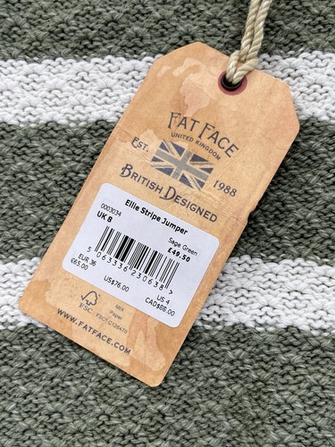 Fat Face UK Ellie Striped Sweater Womens 4 Sage Green Long Sleeve Side Slits NWT - Picture 7 of 13