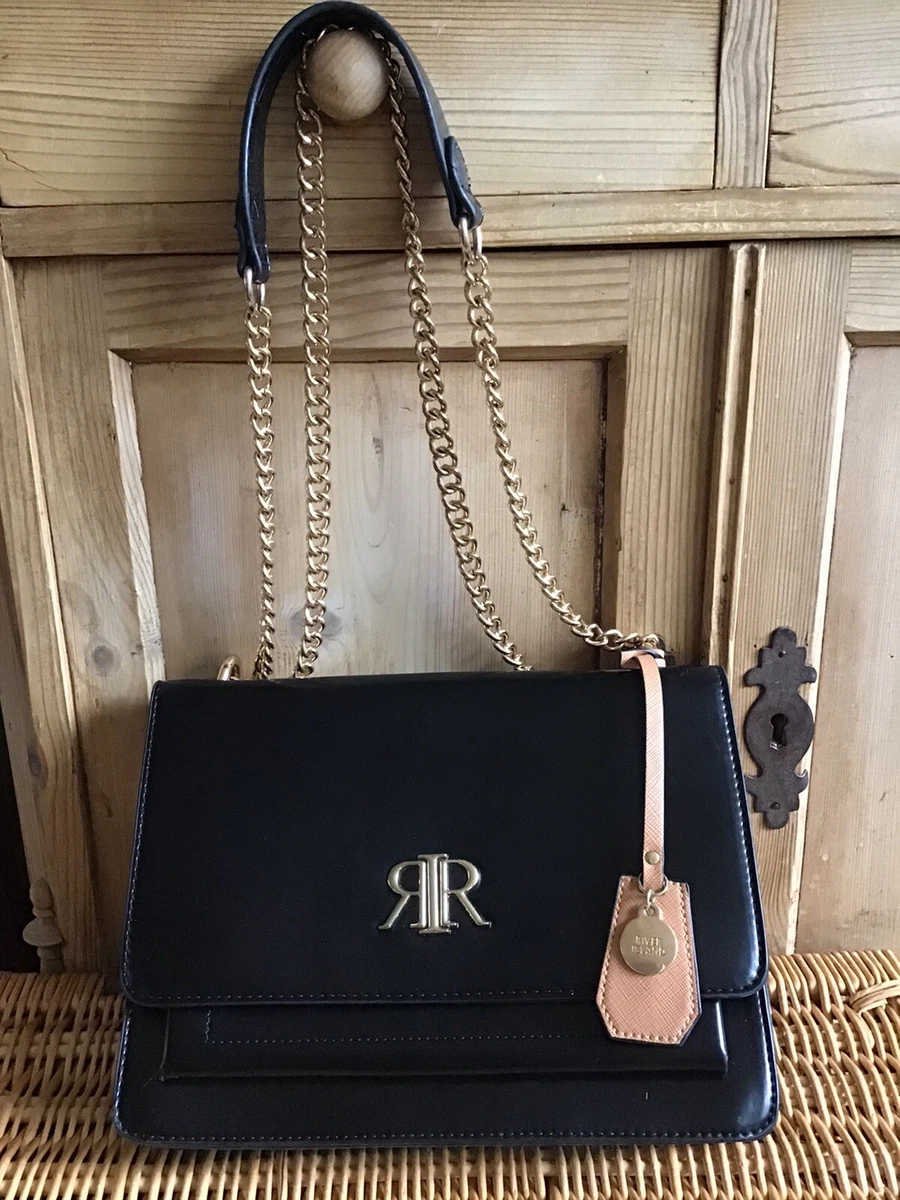 RIVER ISLAND BLACK FAUX LEATHER SACHEL STYLE SHOULDER BAG GOLD CHAIN STRAP