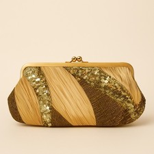 1980 Valerie Stevens Vintage Gold Satin Sequin Evening Clutch Purse with Chain