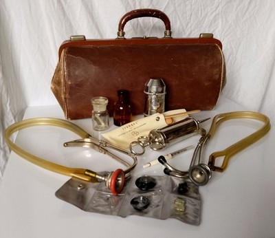 Antike Arzttasche Leder, Gladstone Tasche + Sanitätsausrüstung, Erste Hilfe Koffer