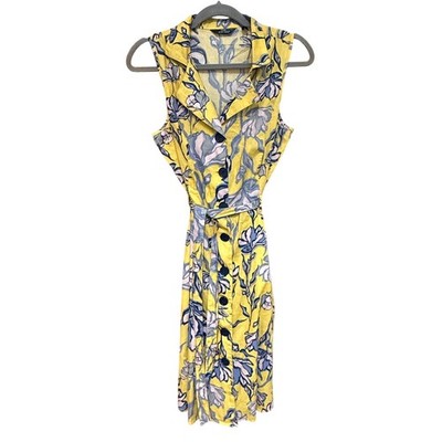 Mlle Gabrielle Shirt Day Dress Floral Sleeveless Yellow Size M  Belted