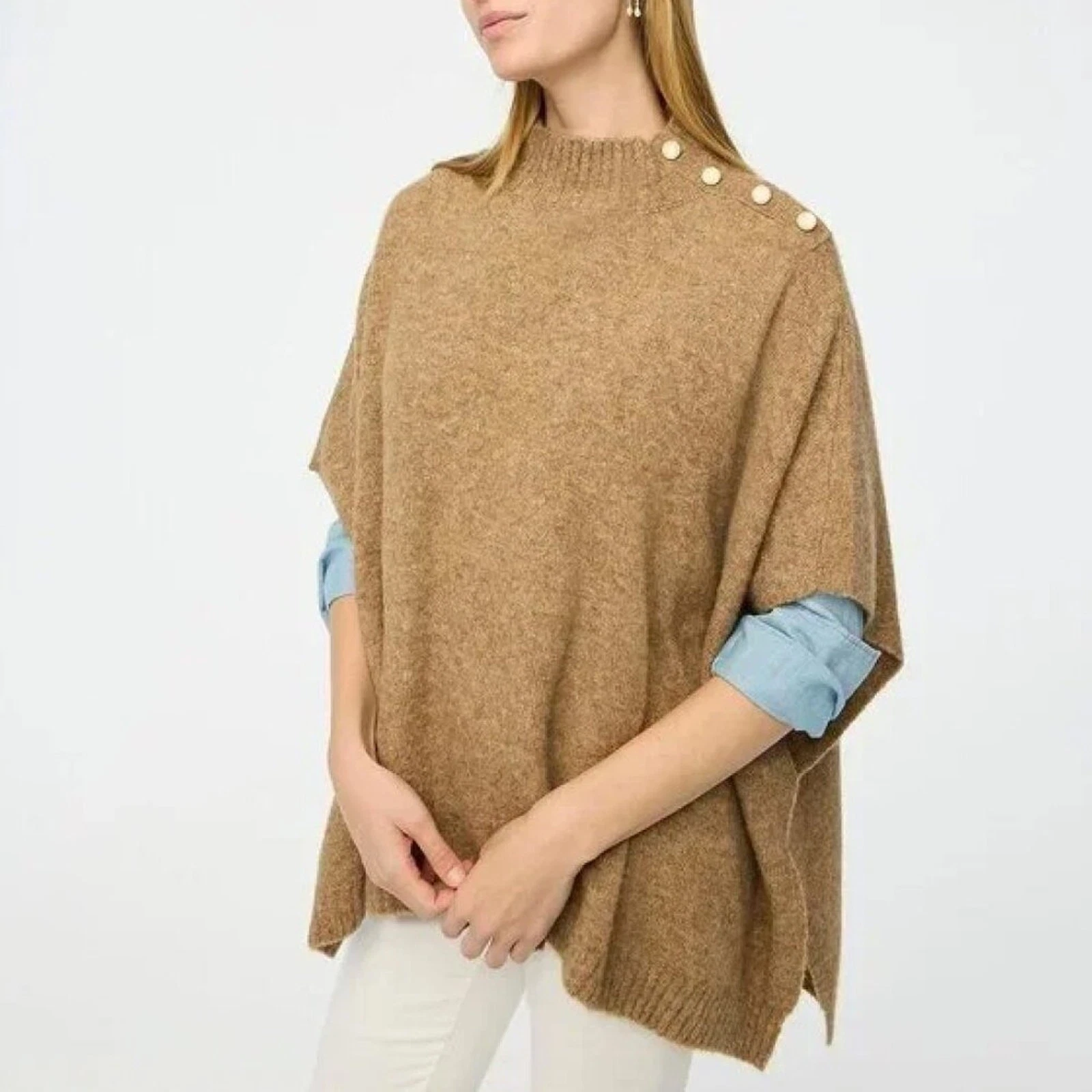 J.Crew Factory Button-Neck Wool Blend Knit Mockneck Poncho Sweater
Opens in a new window or tab