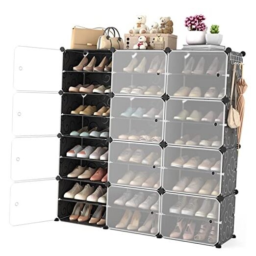 Portable Shoe Rack Organizer with Door Holds 48 Pairs Black Storage Cabinet