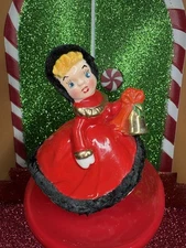 Vtg Kreiss Red Christmas Girl Gold Bell Blue Rhinestone Eyes Fur Figurine Japan