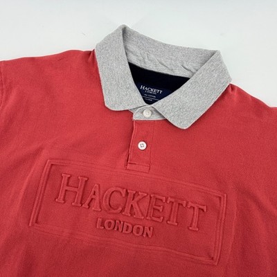 Hackett London Mens XL Red Embossed Logo Cotton Pique Polo Shirt Gray Collar