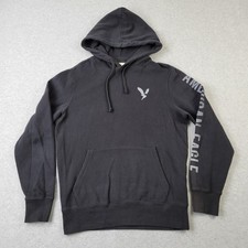 American Eagle Super Soft Hoodie Mens Small Black Graphic Logo Pullover Pockets