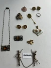 VINTAGE ART DECO JEWELRY LOT 11pcs STERLING SILVER DANCERS BROOCH GLASS NECKLACE