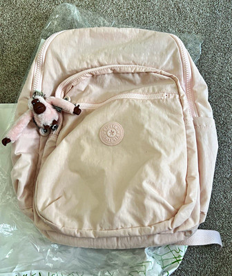Kipling Pink Mini Nylon Zip Backpack, Monkey Keychain, Pockets, Unisex Kids