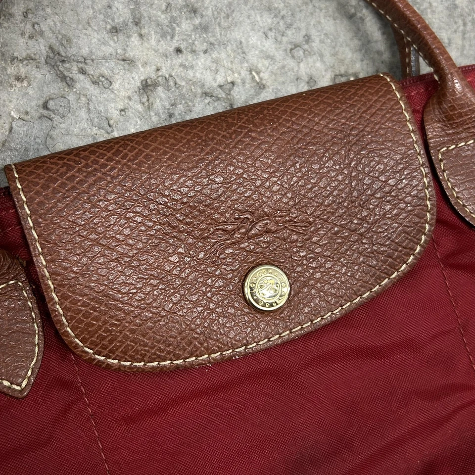 Longchamp Le Pliage Bag Womens Small Red Nylon Tote Leather Trim Made France - Image 2 of 4