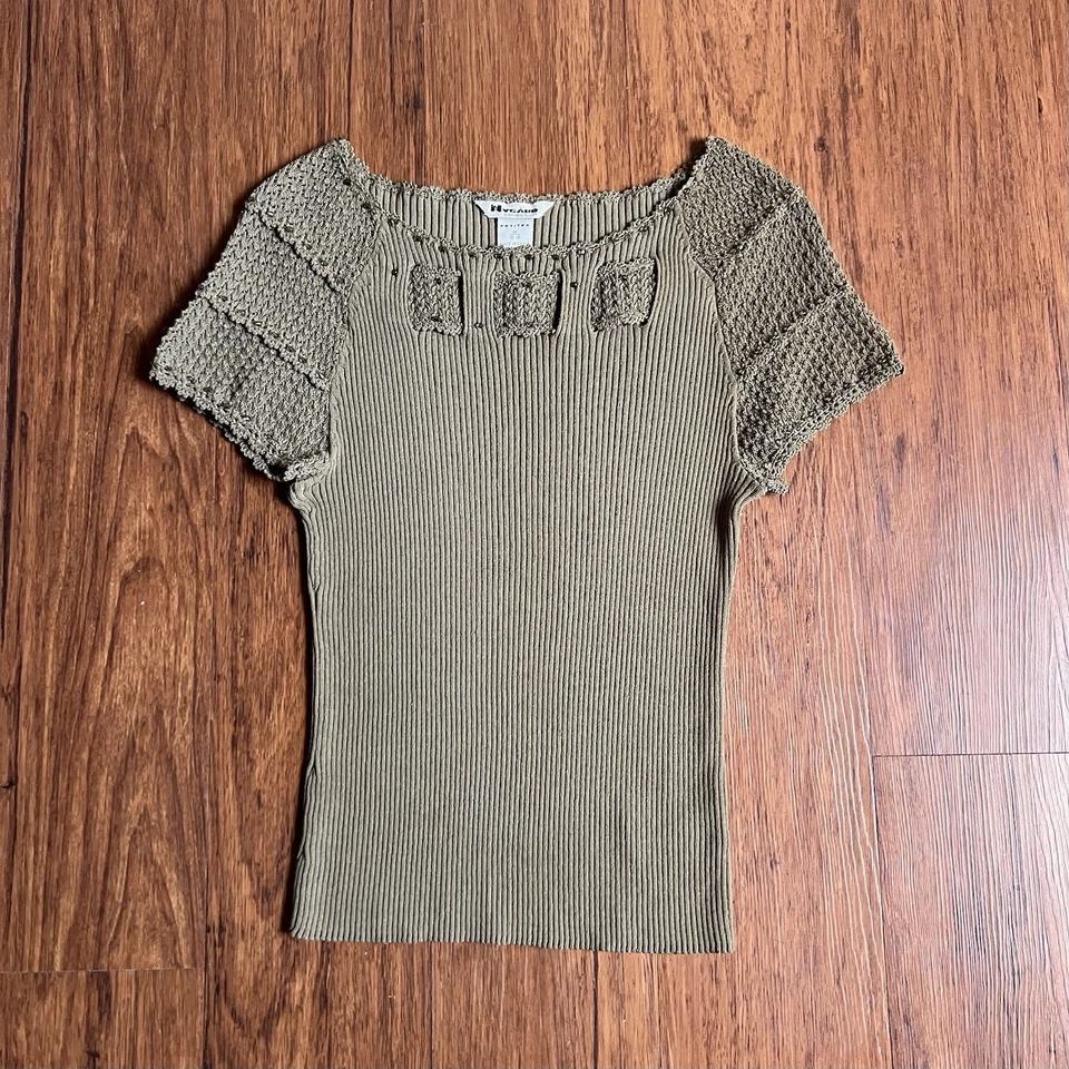 Vintage Y2K 90s Crochet Top Medium Green Short Sleeve Beaded Ribbed Boho Fairy - Image 2 of 4