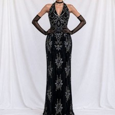 Vintage Y2K Black Navy Silk Beaded Halter Bodycon Maxi Prom Dress Size M
