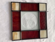 Vintage Square Sun Catcher With Reddish Orange Stained Glass.