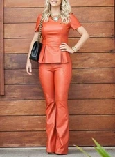 🧡 Women’s Real Cowhide Leather Two-Piece Suit – Peplum Top & Flared Pants