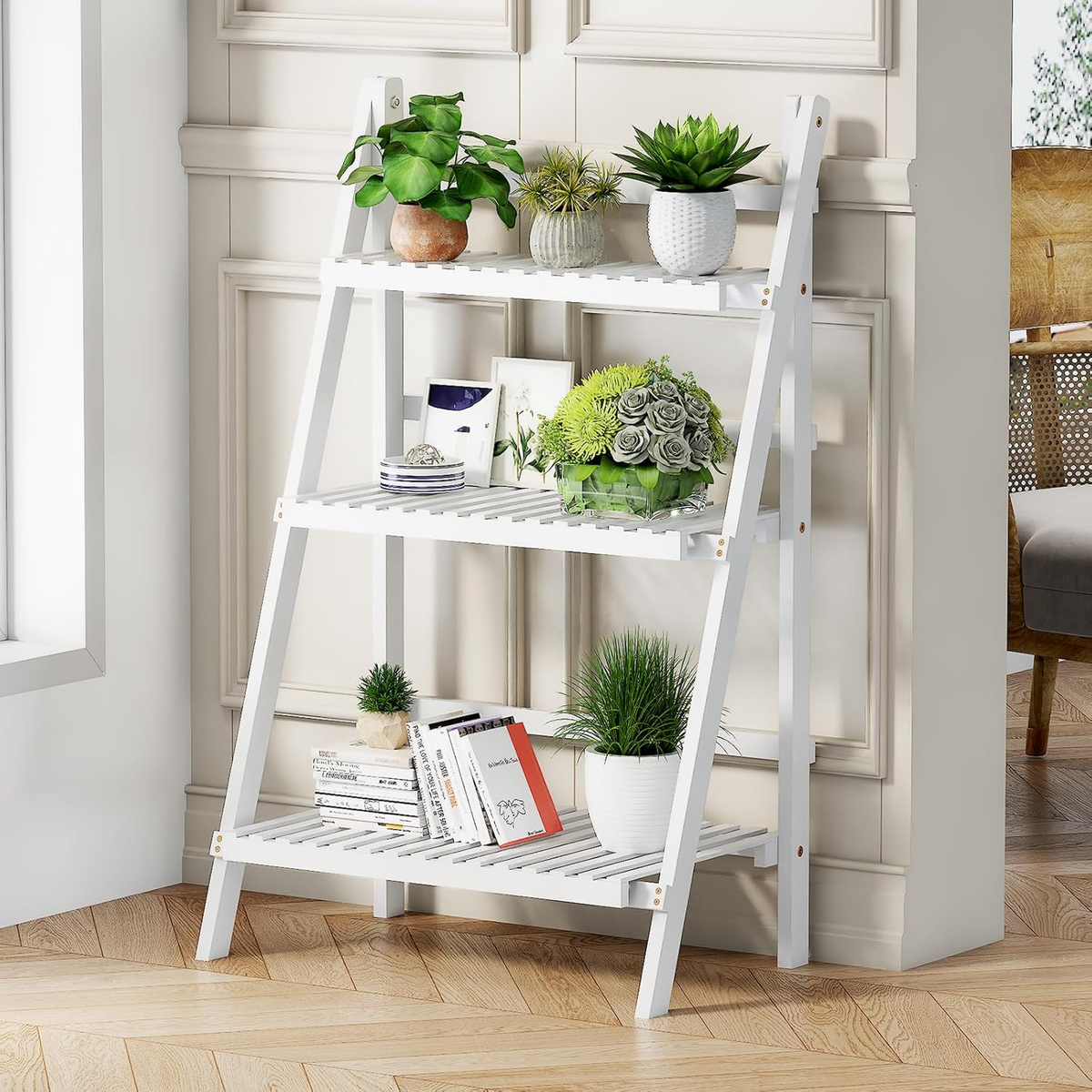 Bamboo Bookshelf 3-Tier Ladder Shelf, 39.4” Freestanding Open