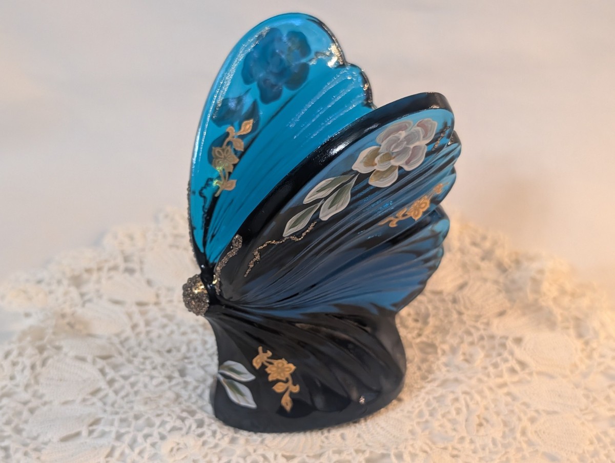 Vintage Fenton Glass Blue Butterfly with Floral Hand Painted