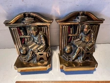 Vintage Ronson PMC Cast Metal Bookends Scholar in Library with World Globe 21B