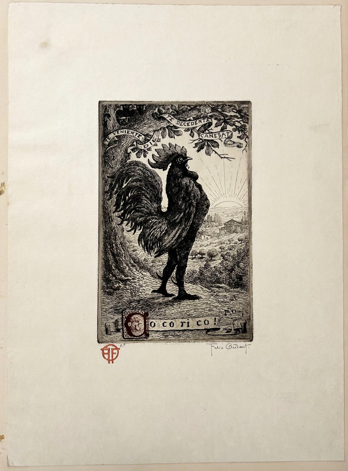 Félix OUDART - Cocorico! c.1890.  Original etching, signed. COQ ROOSTER