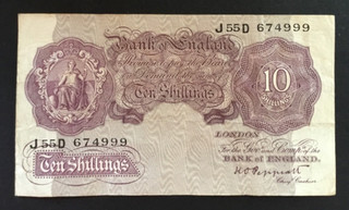 Banknote Of England Ten Shillings Mauve KO Peppiatt J55D VG Circulated Condition