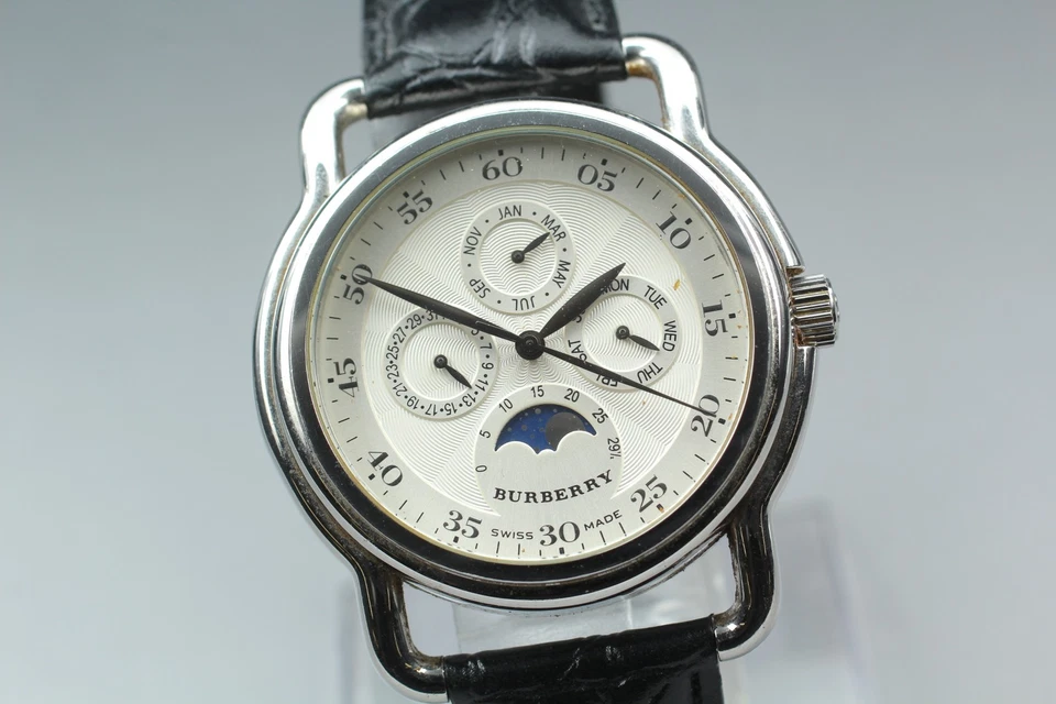 [Near MINT] Burberrys London BU1221 Moon Phase White Leather Day Date Men  Watch - Image 2 of 4