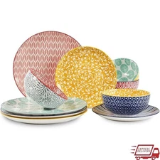Ceramic Dinnerware Set 12-Piece Plates Bowls Set Scratch Resistant Dishes 