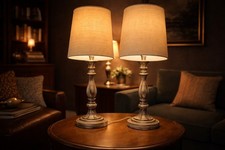 Pair Vintage Table Lamps Rustic Distressed Wood 62cm Working