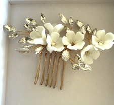 Porcelain Flower Bridal Hair Comb, Rhinestone Crystal Wedding Hairpiece