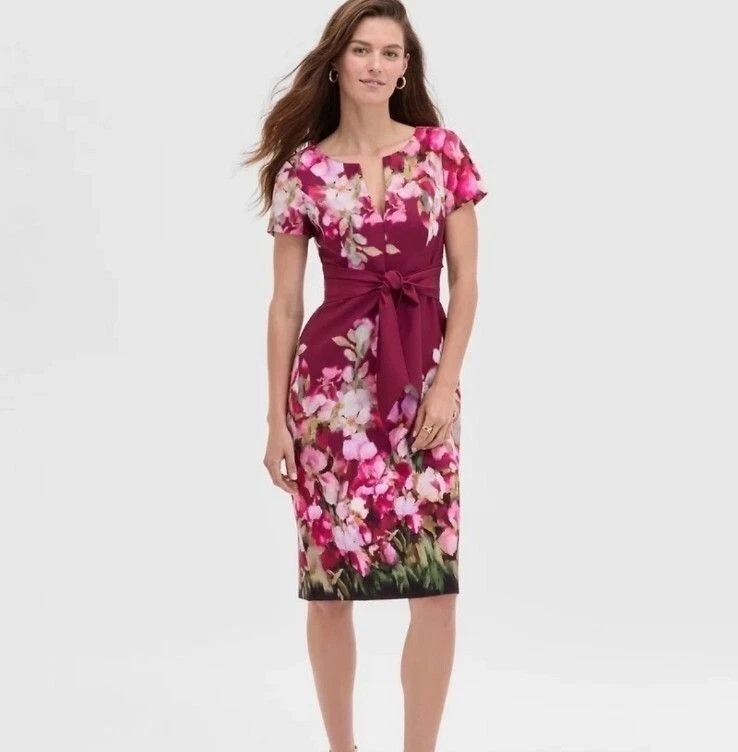 Vestido Vaina Adrianna Papell Nuevo con Etiquetas Rosa Borgoña Floral Talla 8 Boda Cóctel