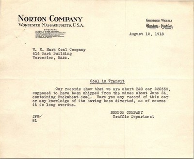 1918 Norton Co. Worcester MA Letter Coal in Transit B&O Railroad Ephemera