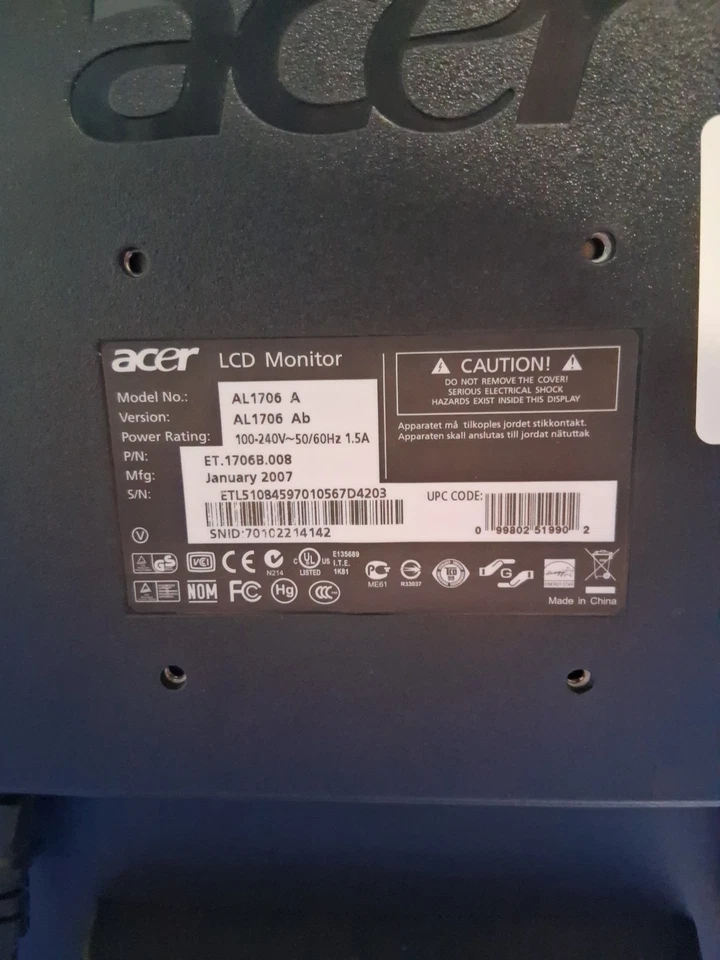 Monitor de computadora cuadrado Acer modelo AL1706AB 17 pulgadas con cable de alimentación Foto 4 de 4